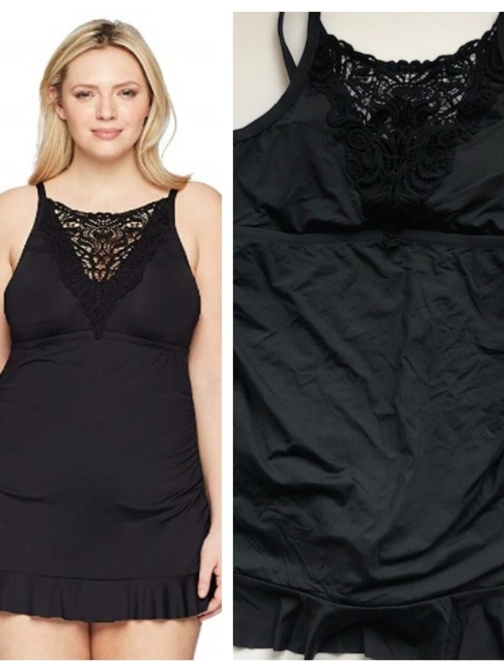 Becca Plus Size Venice One Piece Ruched Swim Dress Thigh Minimizer Black 0X NWT